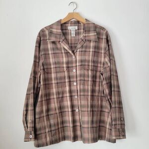 Evan Picone 100% Silk Button Front Plaid Shirt Top 16W Green Pink Long Sleeve Po